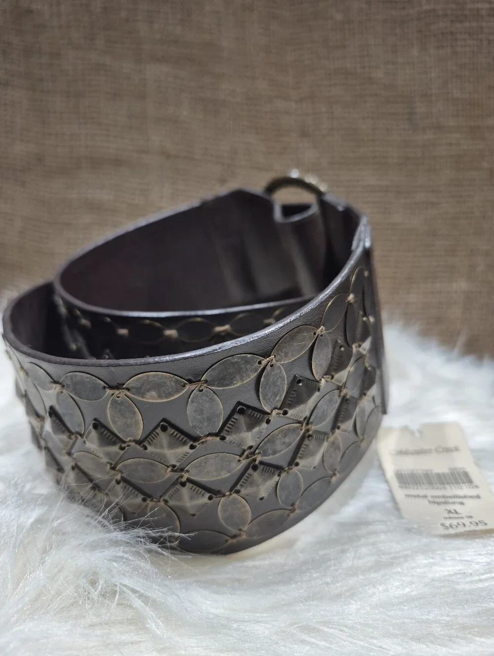 Coldwater Creek Wide Brown Leather Belt with Antiqued Metal Discs XL Size 18 NWT
